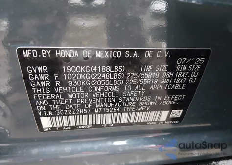 2026 Honda Hr-V Awd Sport из США, поврежденный, VIN 3CZRZ2H57TM715264